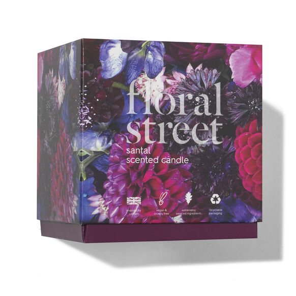 Floral Street Santal Scented Candle 200g, dark purple glass jar candle with black lid and minimalist white Floral Street label