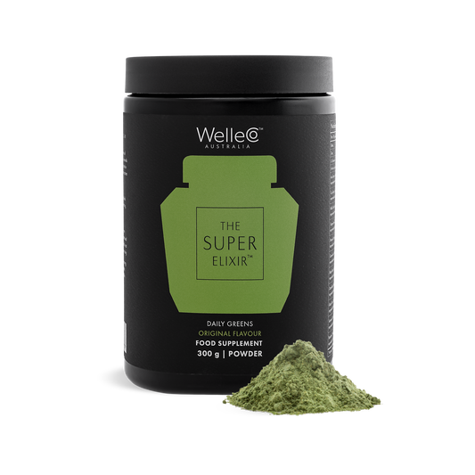 WelleCo The Super Elixir Original Flavour 300g white cylindrical canister with a gold-accented label