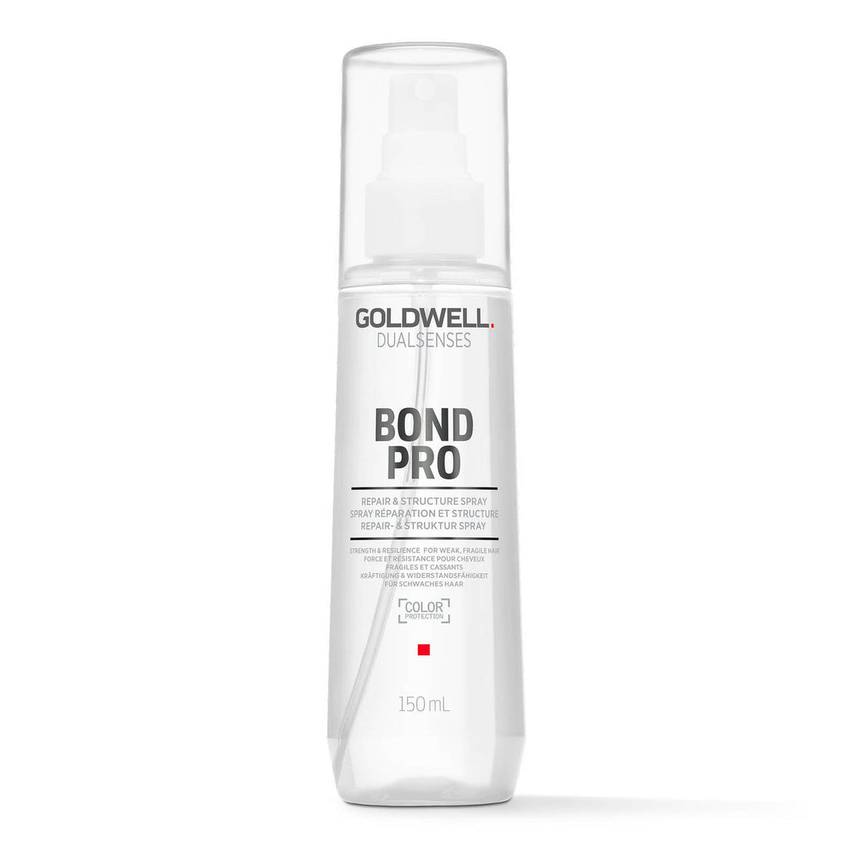 Goldwell Dualsenses Bond Pro Repair & Structure Spray 150ml, slim white and grey spray bottle with black trigger and Goldwell Dualsenses Bond Pro branding