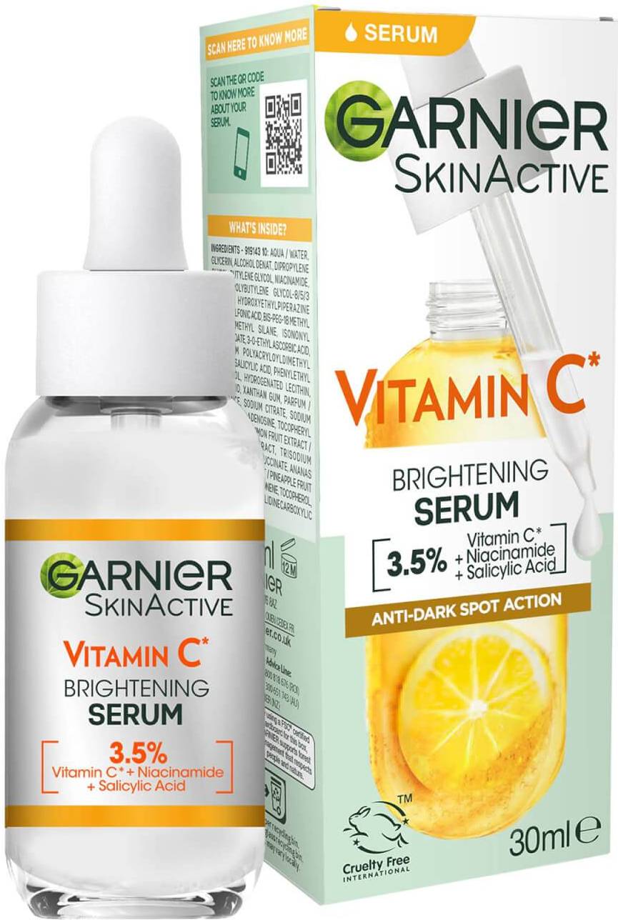 Garnier 3.5% Vitamin C, Niacinamide, Salicylic Acid Brightening Anti-Dark Spot Serum 30ml, orange dropper bottle with white cap and Garnier vitamin C branding