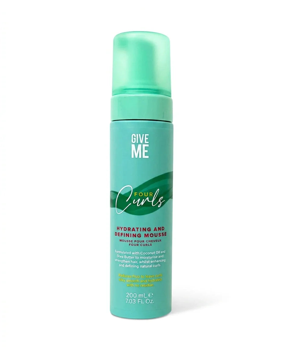 Give Me Four Curls Hydrating And Defining Mousse 200ml, pink aerosol can with white cap and Give Me Cosmetics Four Curls branding