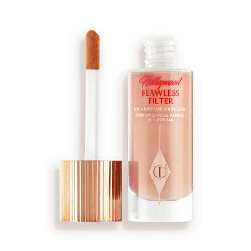 Charlotte Tilbury Hollywood Flawless Filter 3 Fair — glow booster with glycerin and squalane; shade 3 Fair in glass bottle with large doe-foot.
