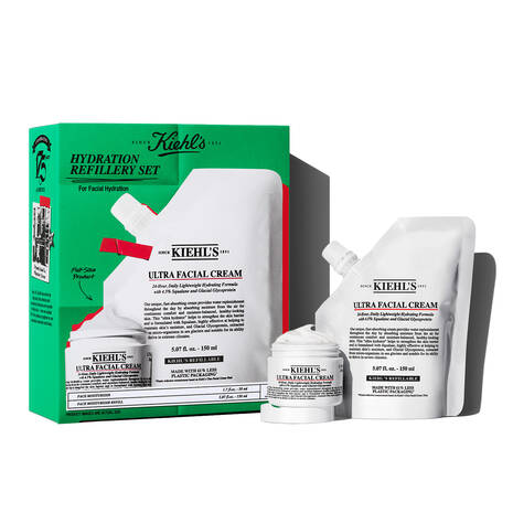 Kiehl's Since 1851 Ultra Facial Cream Refill Set full-size cream jar alongside a standalone refill pouch