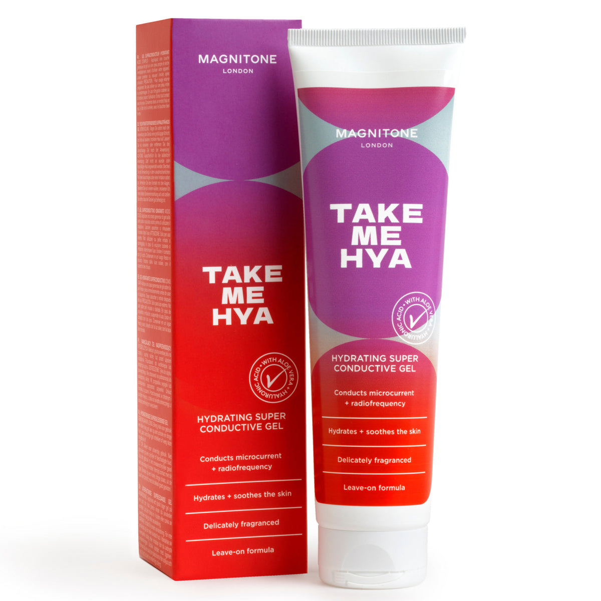 Magnitone London Take Me Hya Hydrating Superconductive Gel 150ml, white and light blue squeeze tube with flip cap