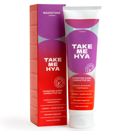 Magnitone London Take Me Hya Hydrating Superconductive Gel 150ml, white and light blue squeeze tube with flip cap