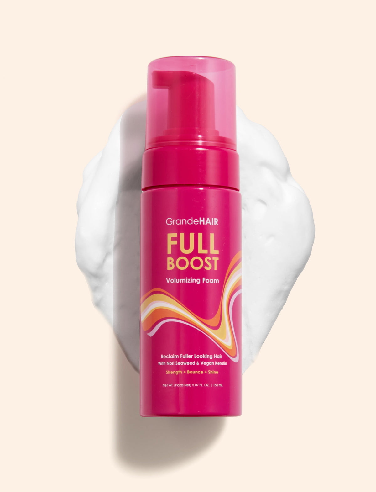 Grande Hair Full Boost Volumizing Foam 150ml, clear aerosol can with black cap and GRANDE branding