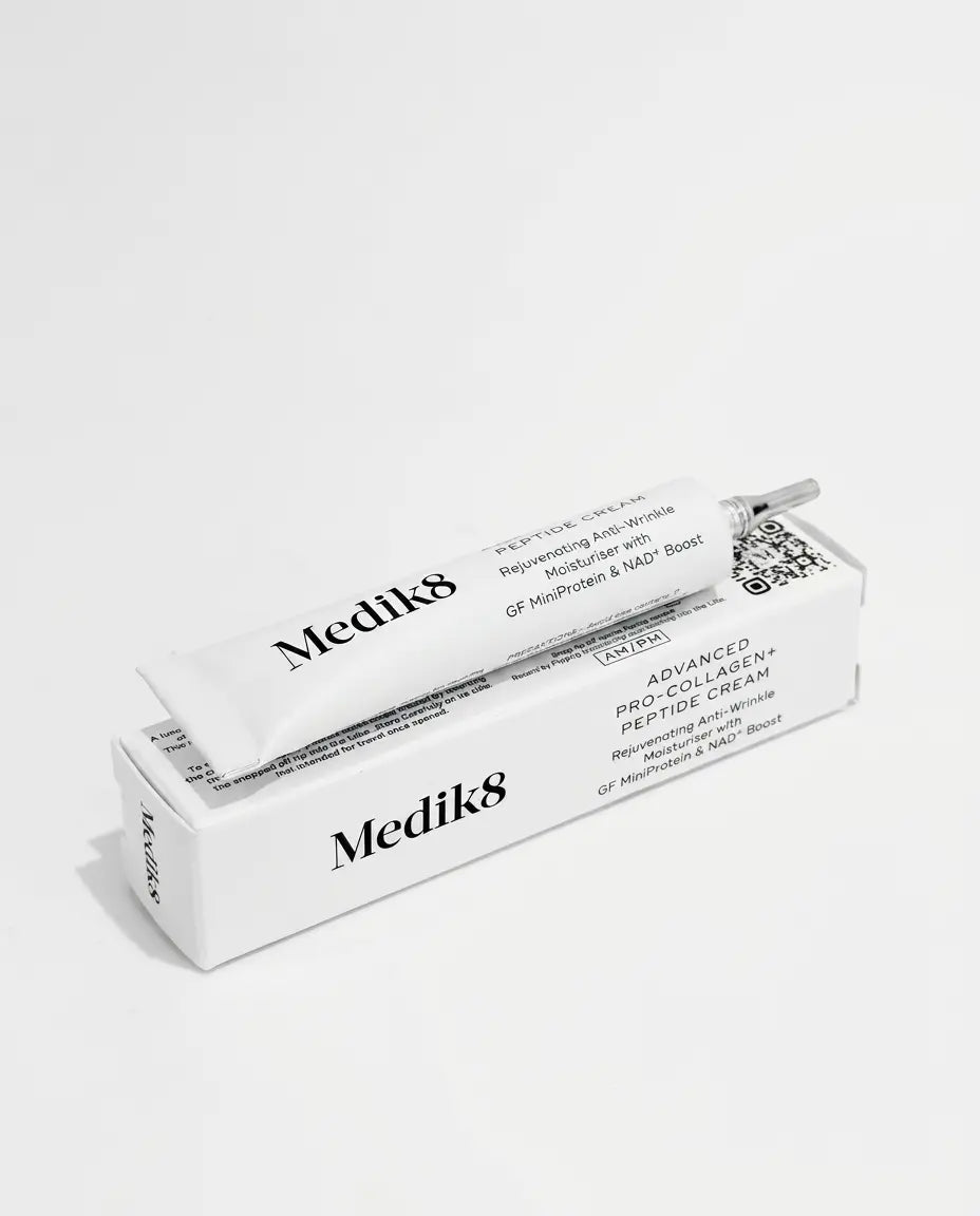 Medik8 Deluxe Sample Advanced Pro Collagen+ Peptide Cream 5ml, small white pot with black lid and Medik8 minimalist label