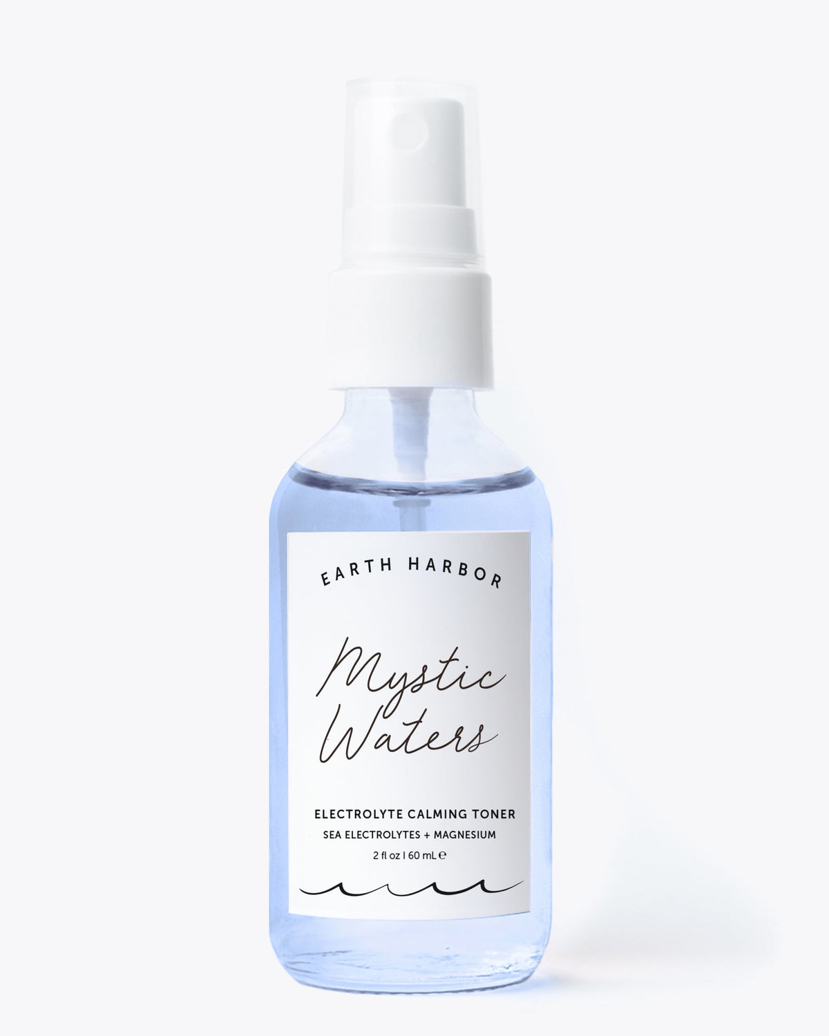 Earth Harbor Mystic Waters Electrolyte Calming Toner 60ml, blue glass spray bottle with white label
