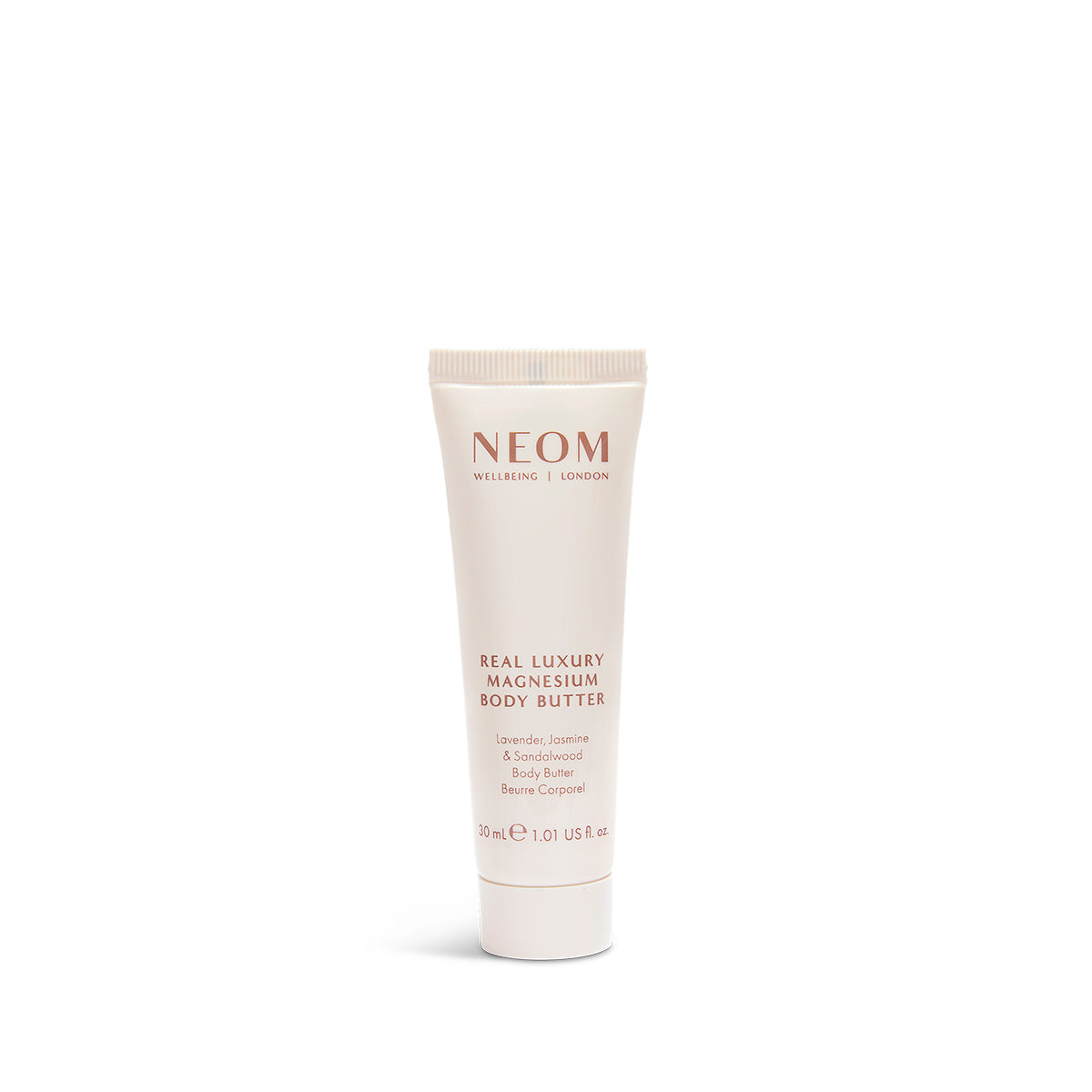 Neom Luxury Magnesium Body Butter 30ml, white tube with purple lavender graphic and gold cap