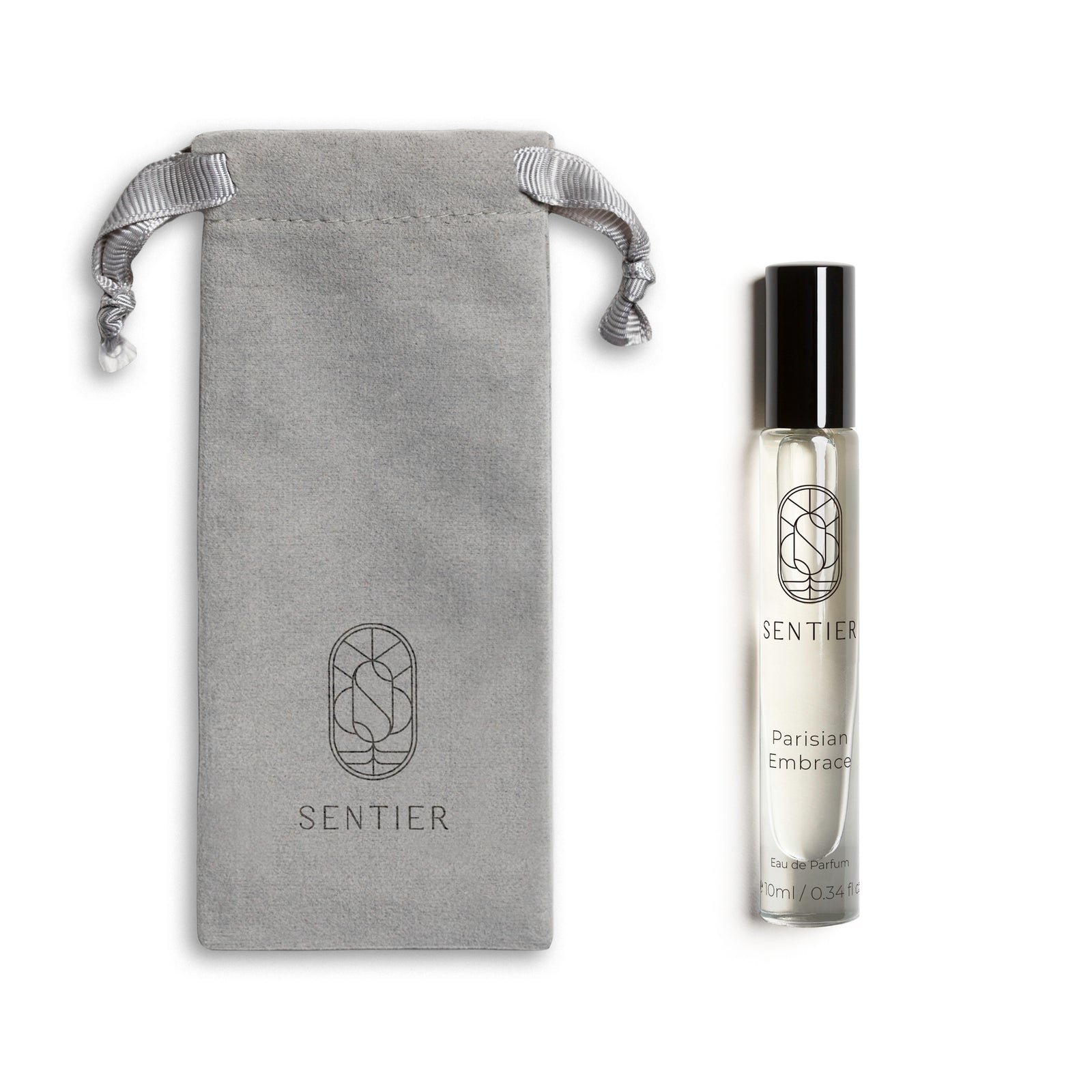 Sentier Parisien Embrace 10ml, sleek glass perfume vial with minimalist label, designed for a refined and intimate fragrance experience in a travel-friendly size