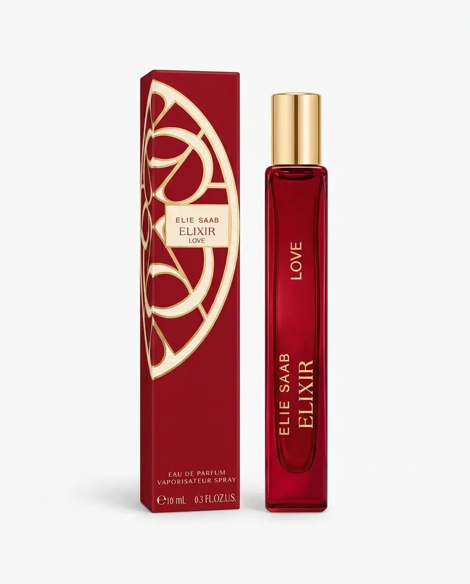 Elie Saab Elixir Love Eau de Parfum 10ml Travel Size, small round gold-capped travel spray bottle with pink Elie Saab label