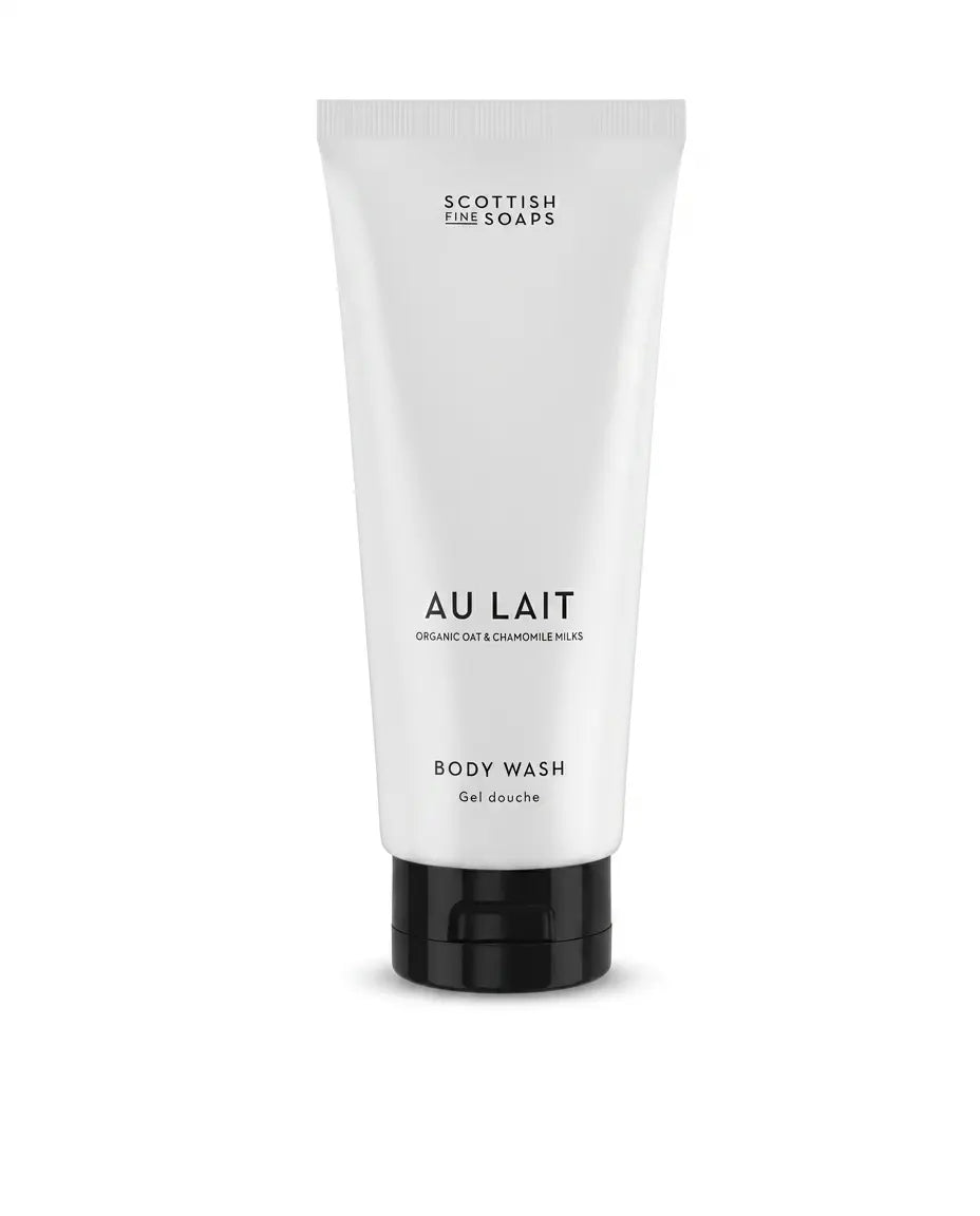 Scottish Fine Soaps Au Lait Body Wash 200ml, cream squeeze tube with brown cow-print pattern and navy cap