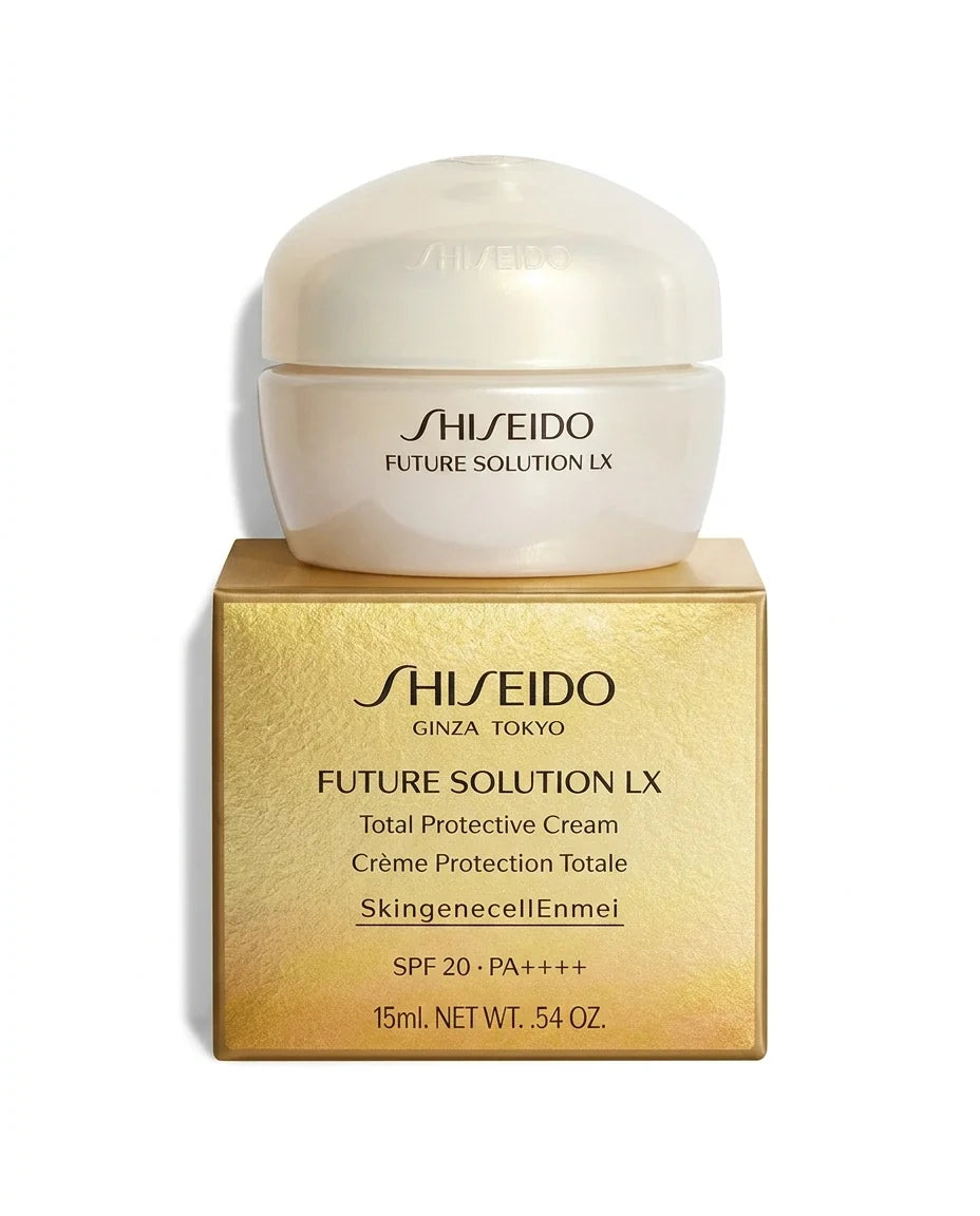 Shiseido Future Solution LX Total Protective Cream 15ml, small black jar with gold lid and Shiseido Future Solution LX branding