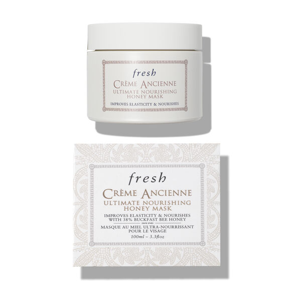 Fresh Crème Ancienne Honey Mask, amber glass jar with gold lid and cream Fresh wordmark label
