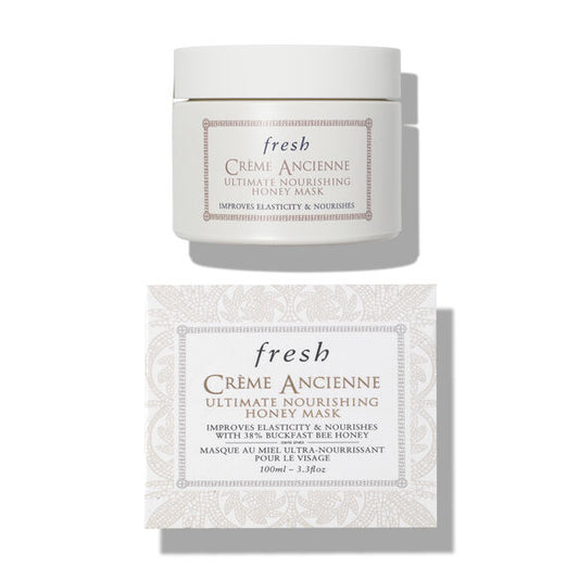 Fresh Crème Ancienne Honey Mask, amber glass jar with gold lid and cream Fresh wordmark label