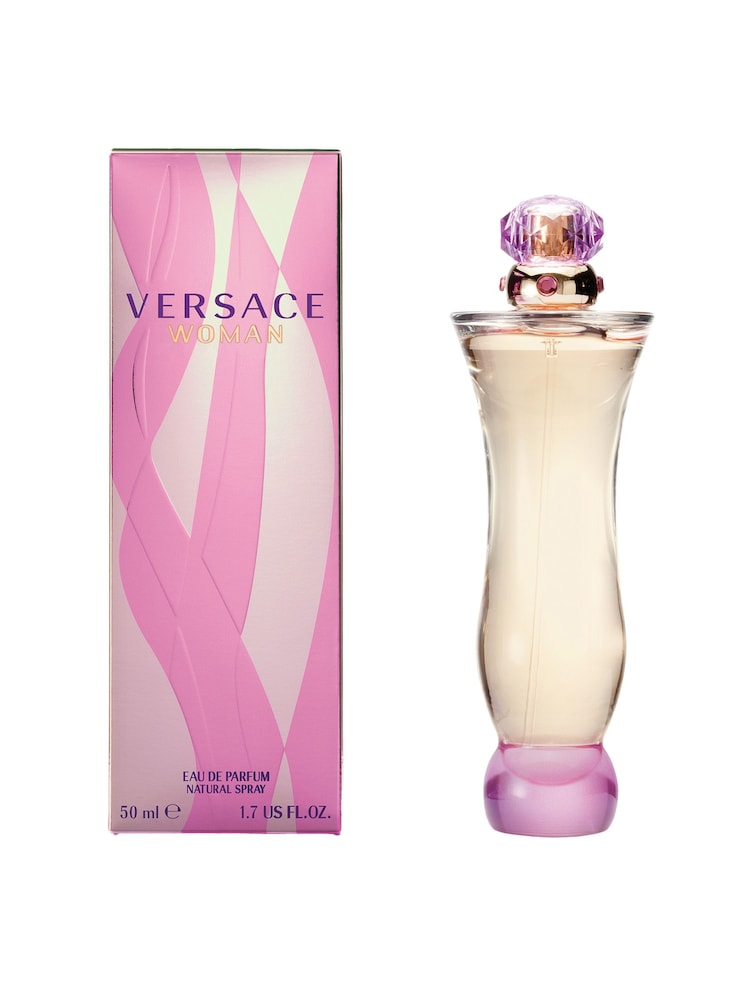 Versace Woman Eau de Parfum 50ml, sleek glass perfume bottle presented with a matching gift box
