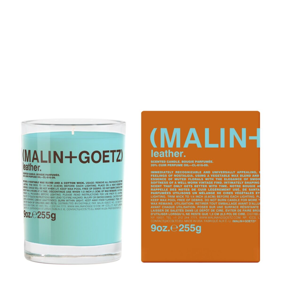 Malin+Goetz Leather Candle 255g, clear glass tumbler with black label and lid