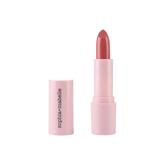 Sophia & Mabelle Lipstick in Pink Cocoa, a soft rosy nude shade in black bullet.