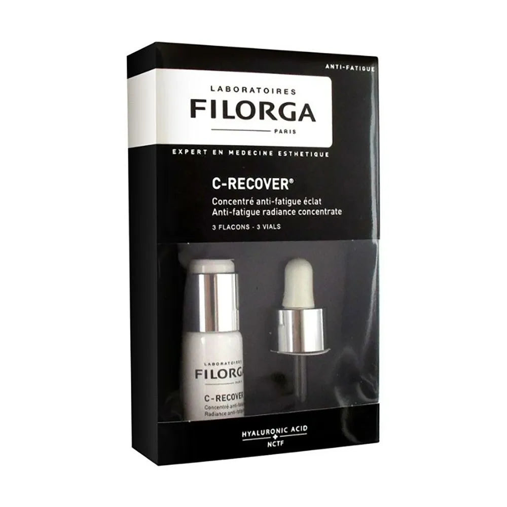 Filorga C-Recover 3 Vials, three glass ampoules in navy packaging with orange accents