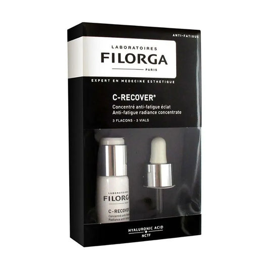 Filorga C-Recover 3 Vials, three glass ampoules in navy packaging with orange accents