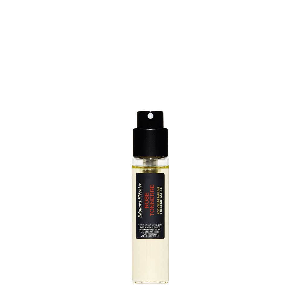 Frédéric Malle Une Rose Tonnerre 10ml, small cylindrical bottle with black cap and Frédéric Malle minimalist label