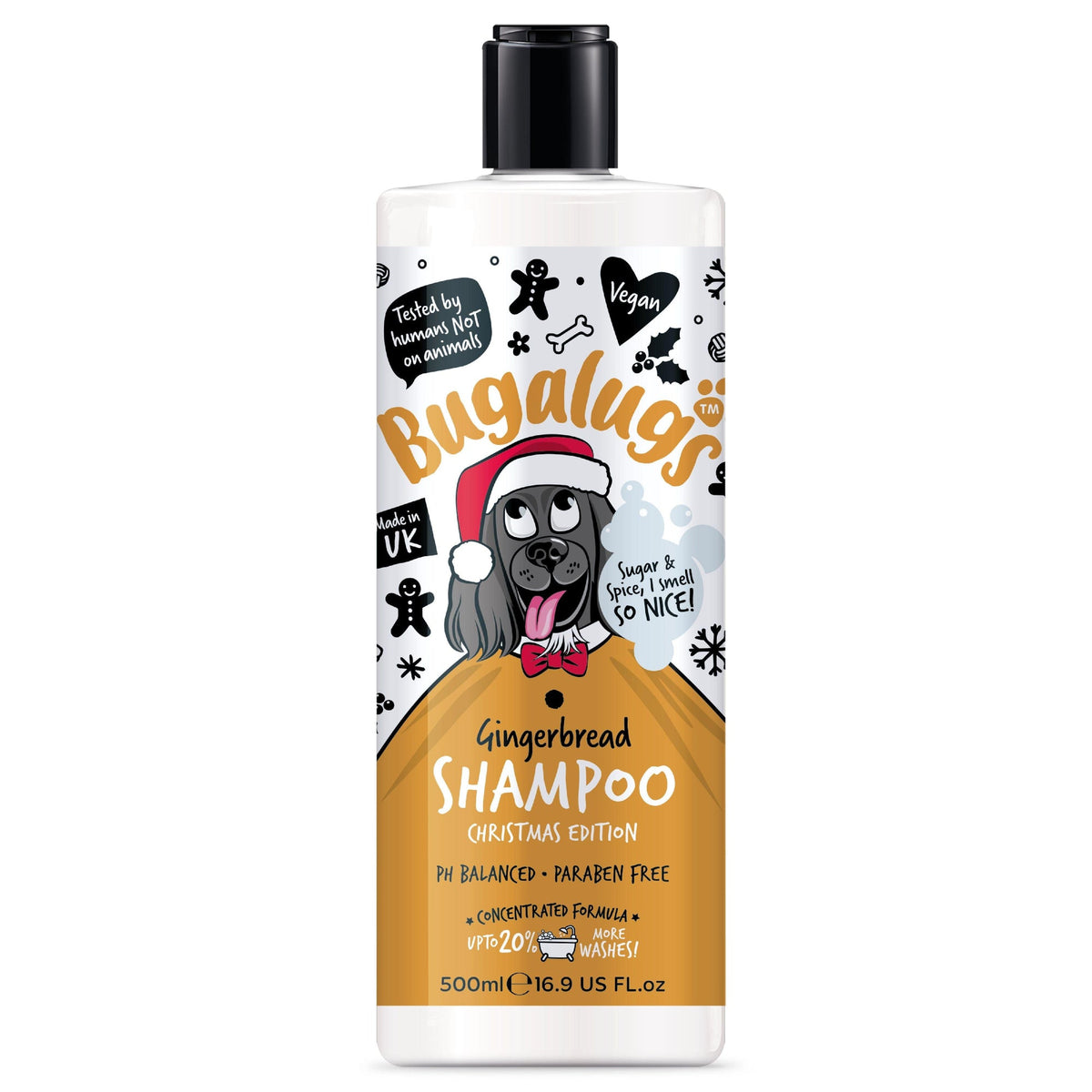 Bugalugs Christmas Edition: Gingerbread Shampoo 500ml, white plastic bottle with festive gingerbread-themed Bugalugs label