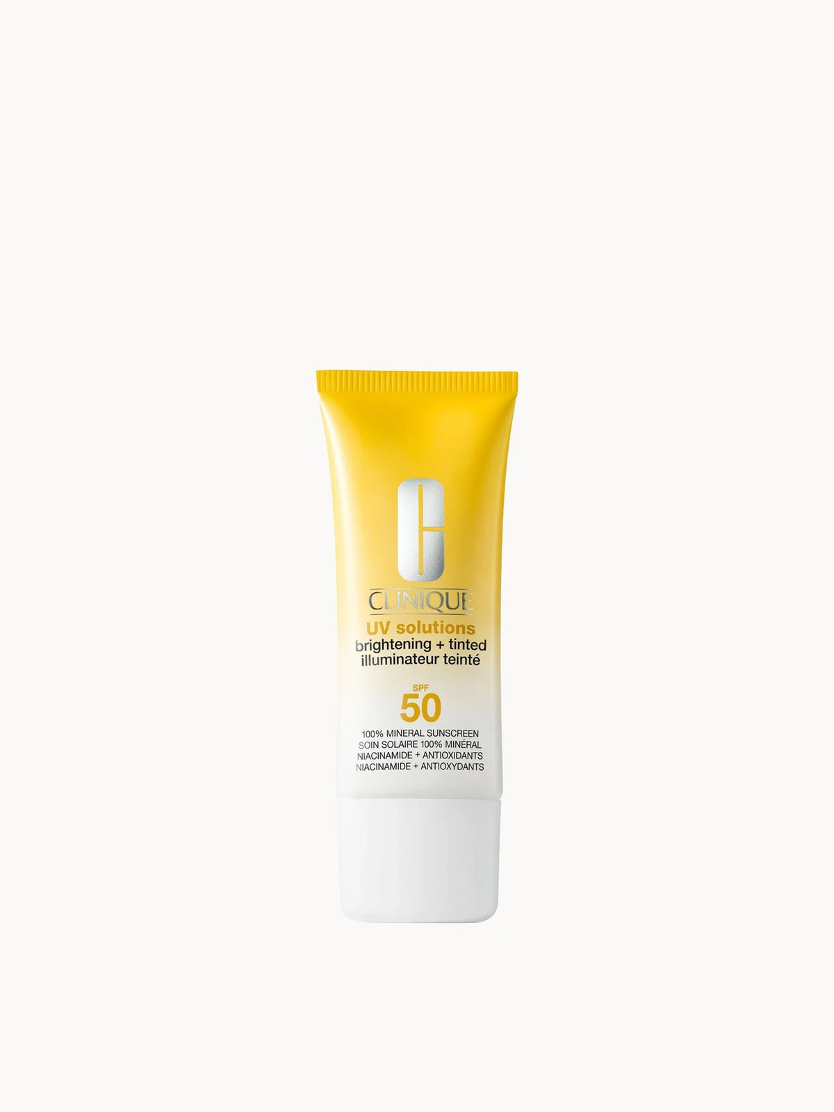 Clinique UV Solutions Brightening Tinted Sunscreen 40ml, white tube with blue and green Clinique branding