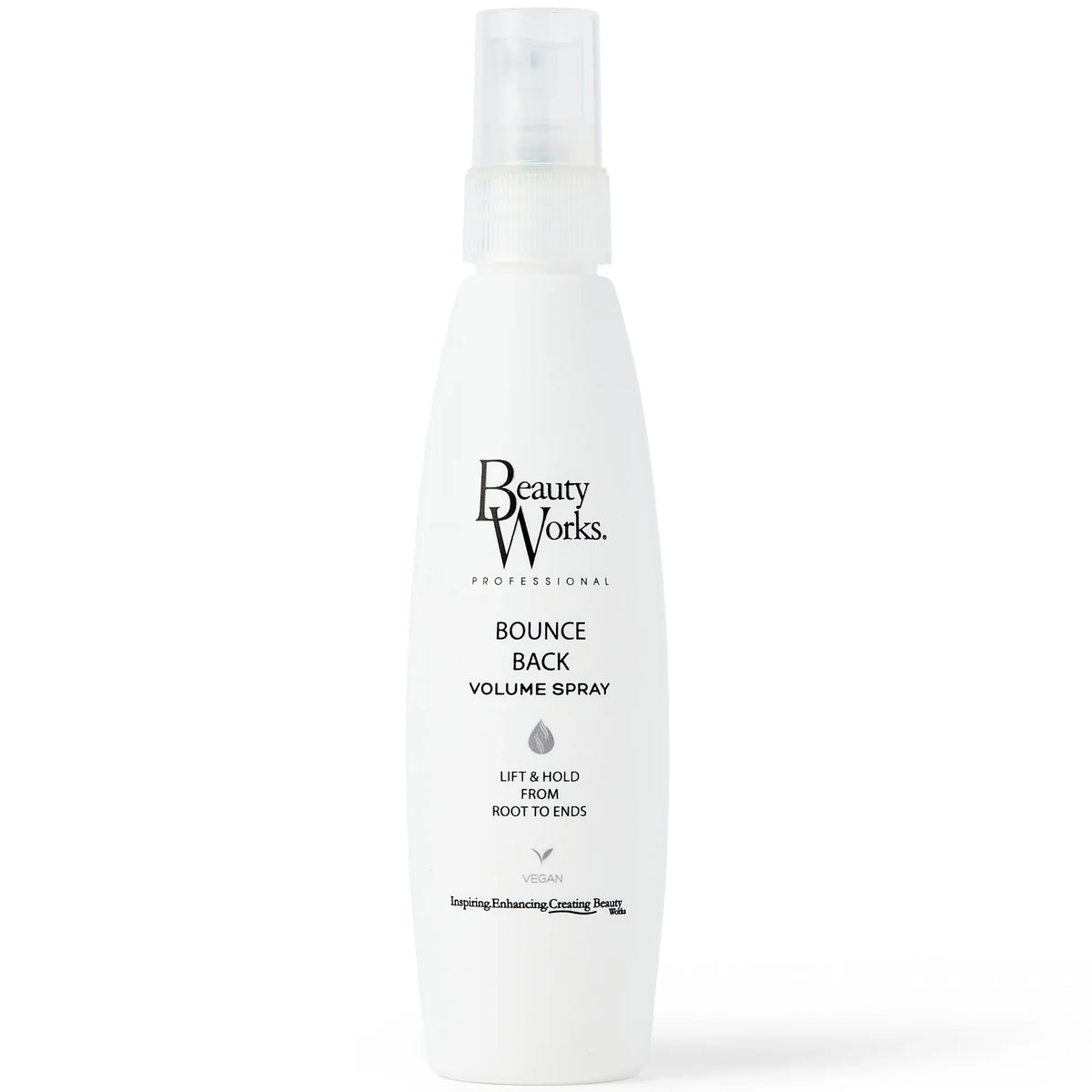 Beauty Works Bounce Back Volume Spray 100ml, clear spray bottle with black cap and Beauty Works branding