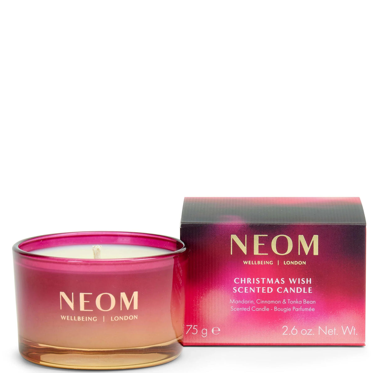 NEOM Christmas Wish Travel Candle 75g, small white glass travel candle with silver lid and NEOM Organics branding