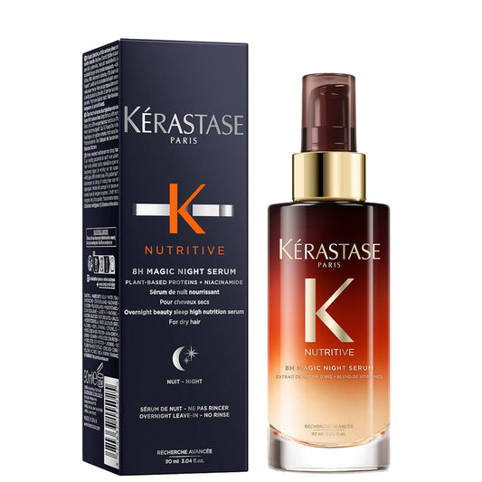 Kérastase Nutritive night serum bottle, elegant dark orange and gold packaging, hydrates dry hair overnight. 