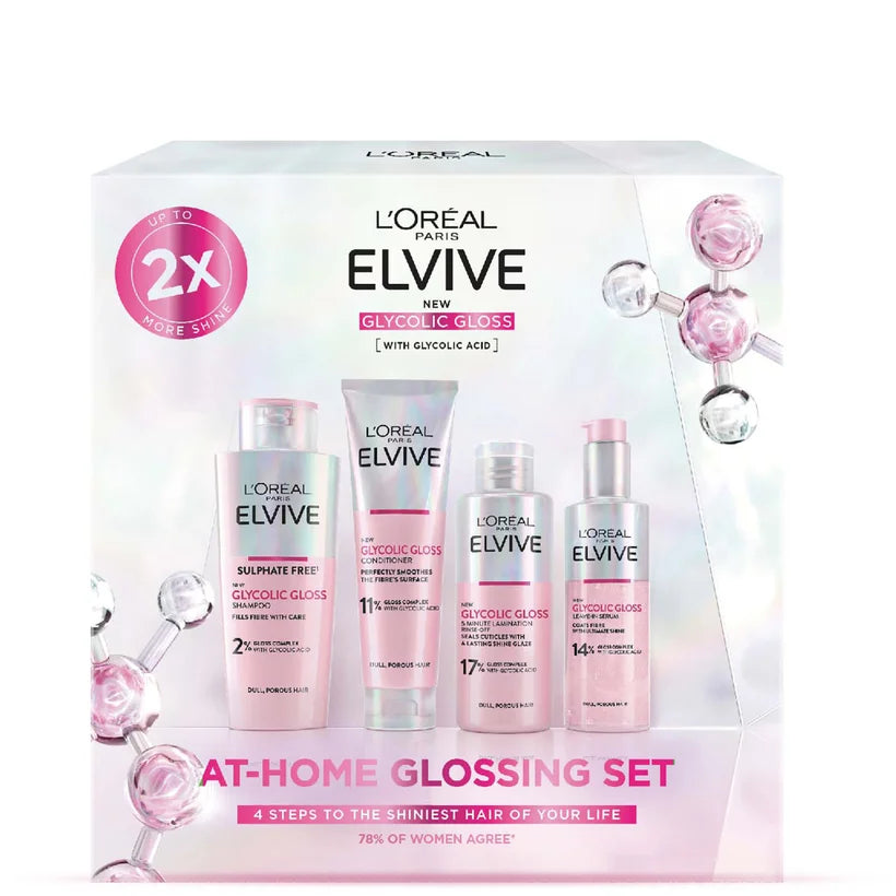 L'Oréal Paris Elvive At-Home Glossing Set haircare set with multiple bottles and tubes in coordinated packaging