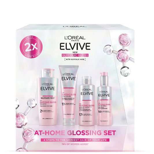 L'Oréal Paris Elvive At-Home Glossing Set haircare set with multiple bottles and tubes in coordinated packaging