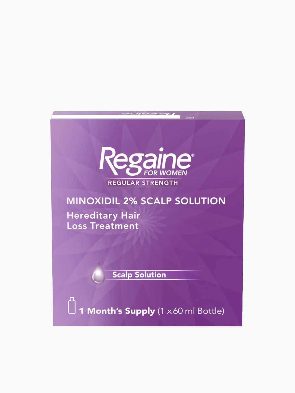 Regaine Women's Regular Strength Hair Regrowth Solution 60ml, white pump bottle with pink and purple branding