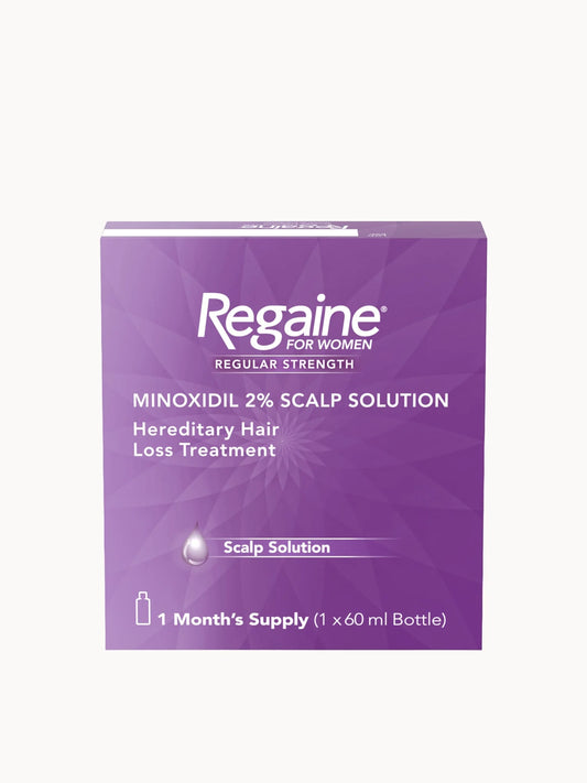 Regaine Women's Regular Strength Hair Regrowth Solution 60ml, white pump bottle with pink and purple branding