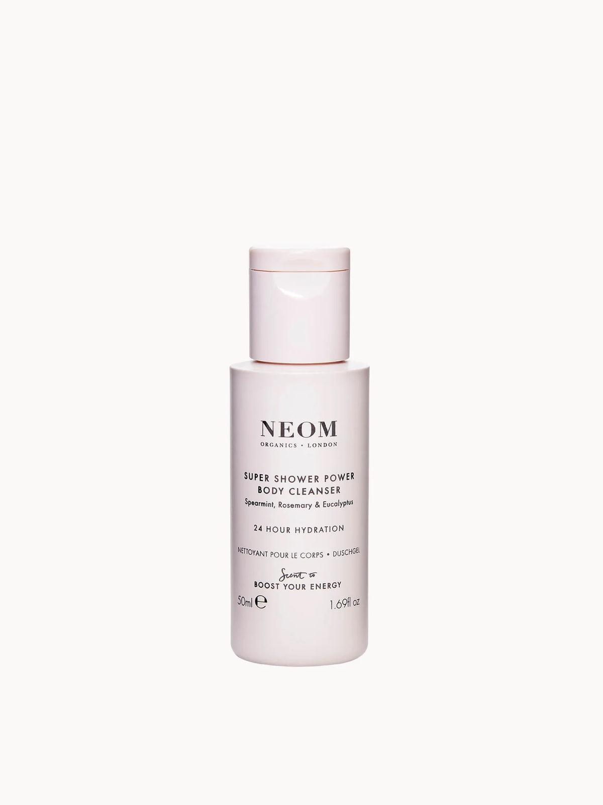 Neom Wellbeing Super Shower Power Body Cleanser 50ml, green tube with white cap and mint leaf graphic