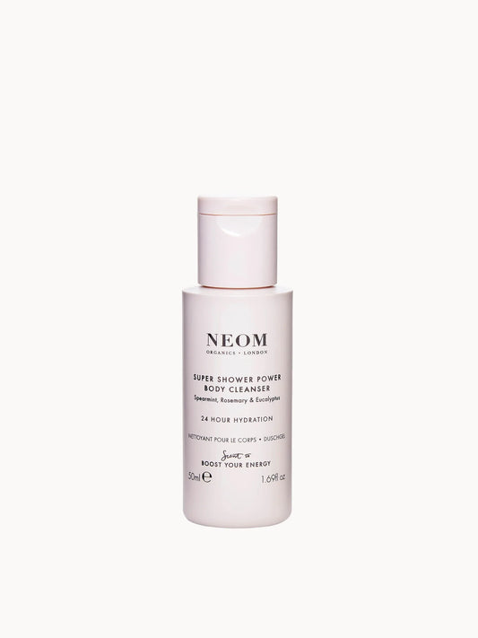 Neom Wellbeing Super Shower Power Body Cleanser 50ml, green tube with white cap and mint leaf graphic