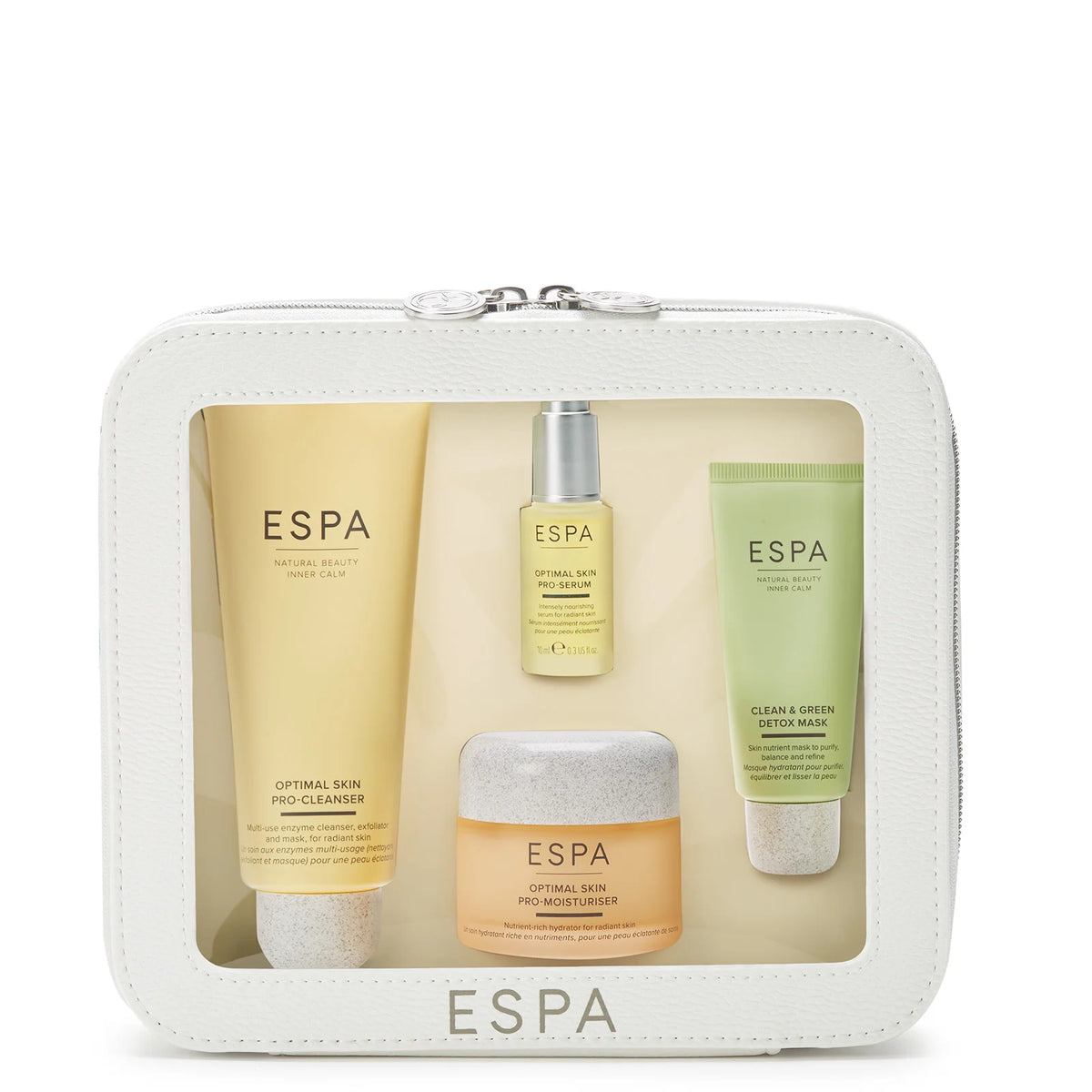 ESPA Active Nutrients Pro Glow Skin Regime Set, box with a few skincare bottles and ESPA minimalist branding