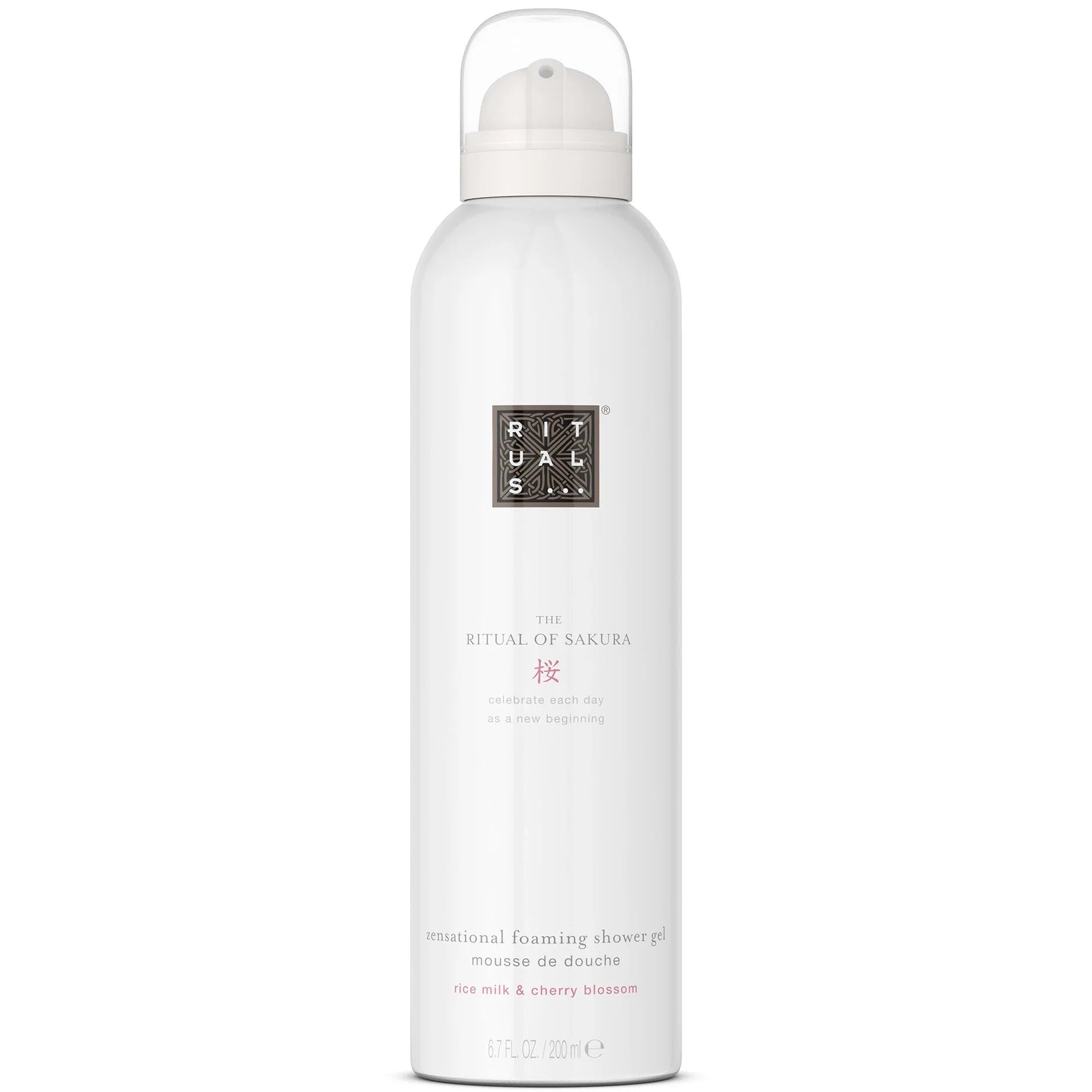 Rituals The Ritual of Sakura Foaming Body Wash 200ml, elegant white cylindrical bottle filled with a rich foam infused with rice milk and cherry blossom scent