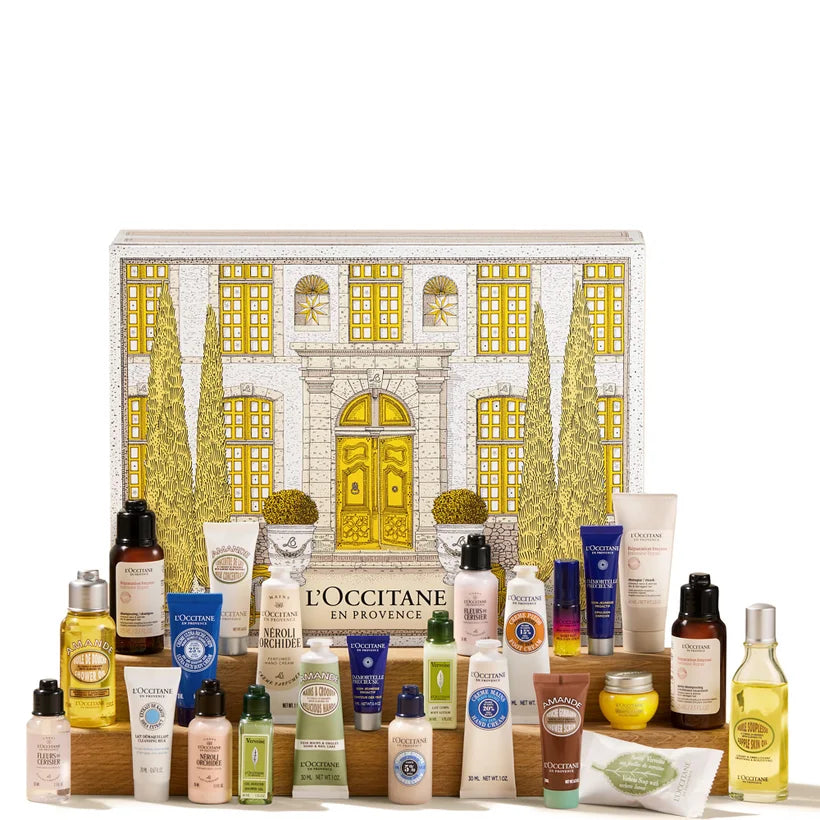 L'Occitane Beauty Advent Calendar illustrated calendar box with numbered doors containing beauty products