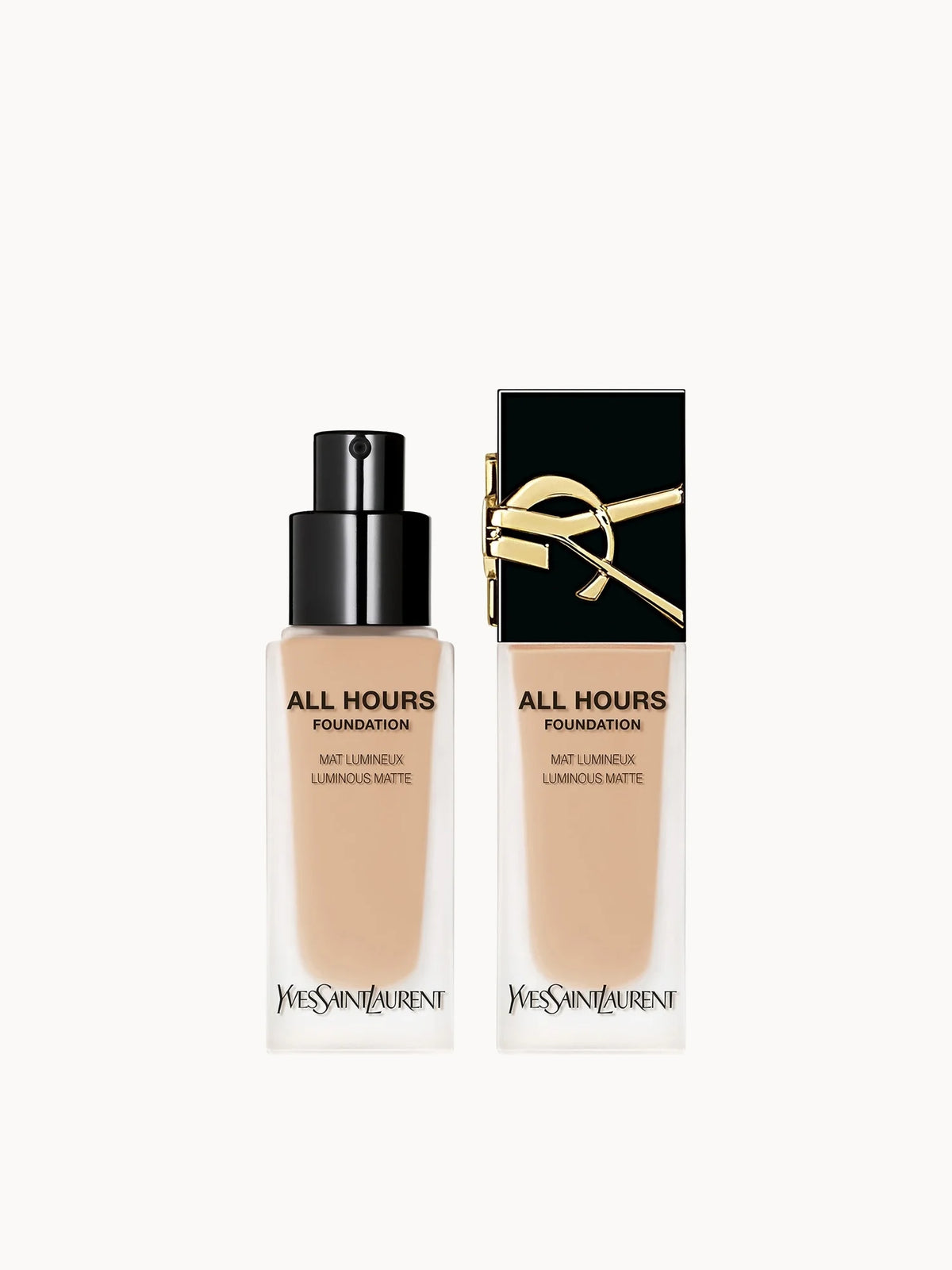 Yves Saint Laurent All Hours Luminous Matte Foundation with SPF39 25ml - LC2, slim glass foundation bottle with black cap and gold YSL logo