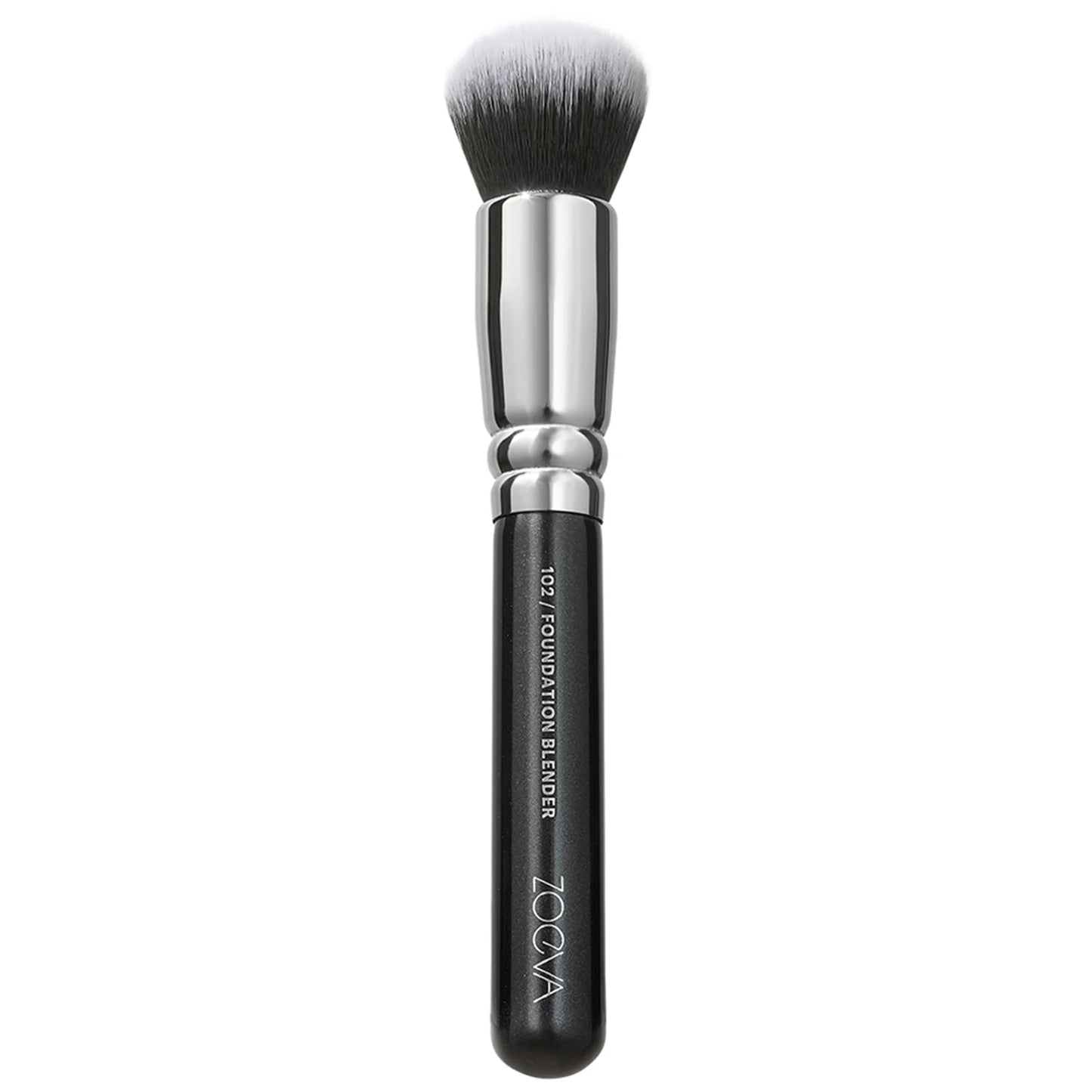 ZOEVA 102 Vegan Foundation Blender Brush – cruelty-free synthetic makeup brush with fluffy rounded bristles and sleek black handle, designed for seamless foundation application and a flawless blend