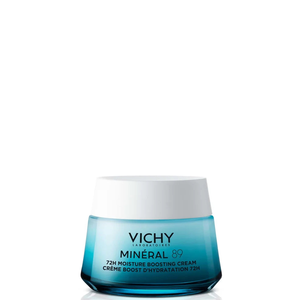 Vichy Minéral 89 72Hr Moisture Boosting Cream 50ml, white and turquoise pump bottle with clear cap