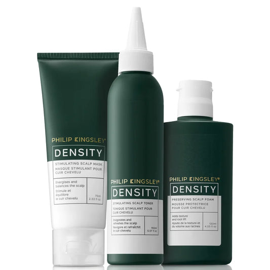 Philip Kingsley Density Scalp Essentials set with multiple haircare bottles and tubes presented together