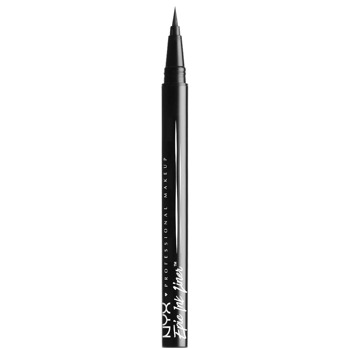 NYX Epic Ink black liquid eyeliner pen, slim black barrel with white logo and fine brush tip shown with cap off.