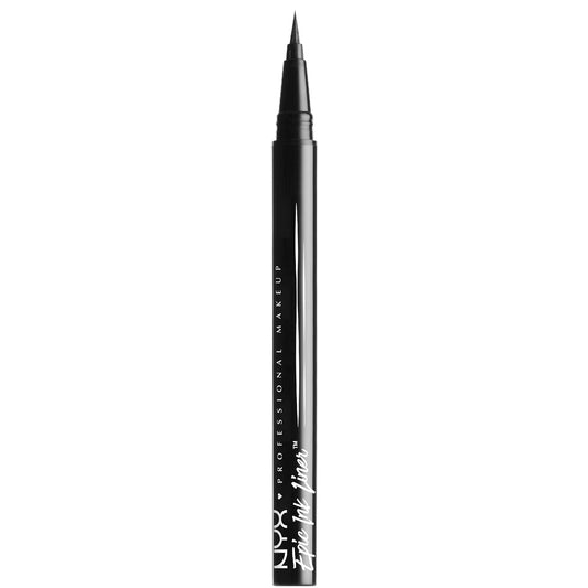 NYX Epic Ink black liquid eyeliner pen, slim black barrel with white logo and fine brush tip shown with cap off.
