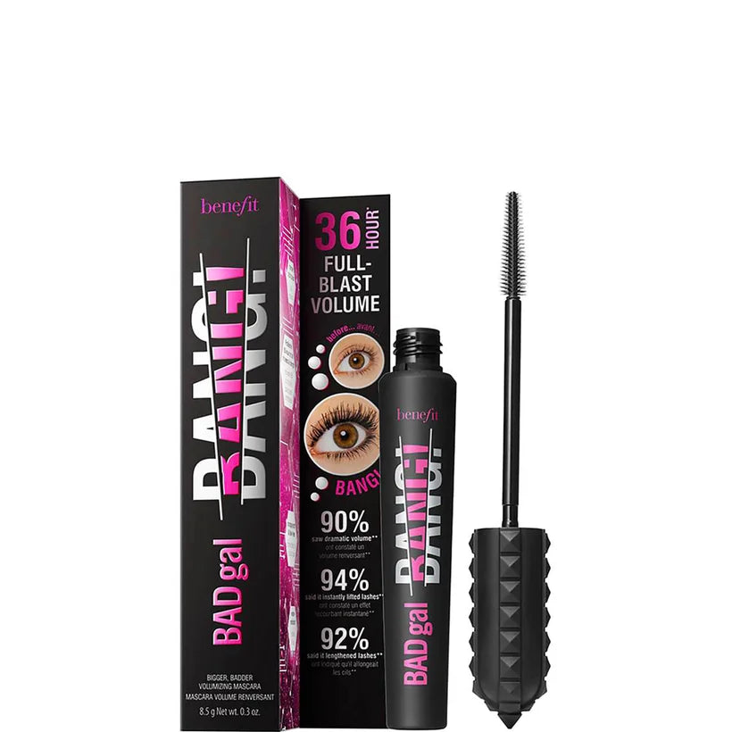 benefit BADgal BANG! Volumizing Mascara Pitch Black 8.5g matte black textured tube with bold lettering shown closed