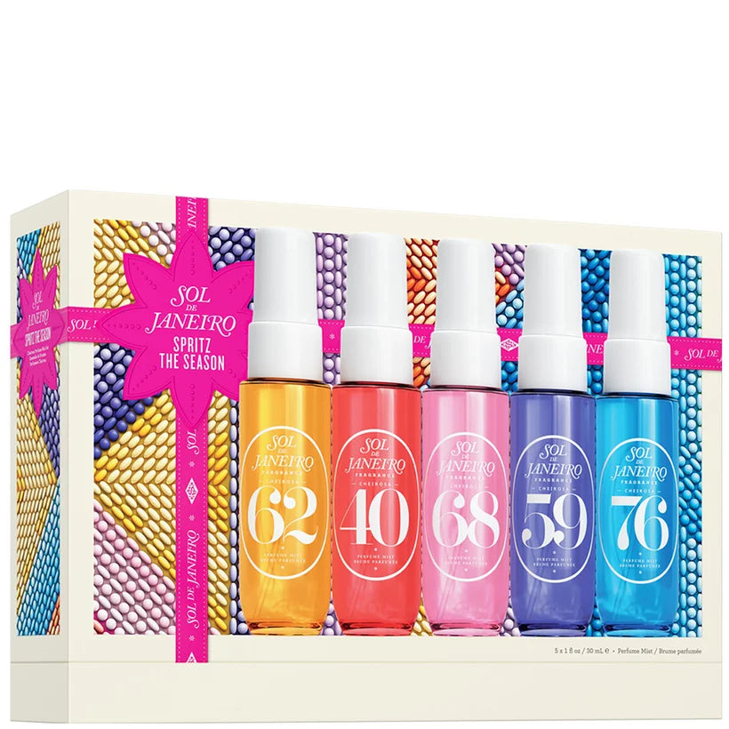 Sol de Janeiro Spritz the Season perfume mist set with several colorful Sol de Janeiro fragrance sprays shown in festive holiday packaging