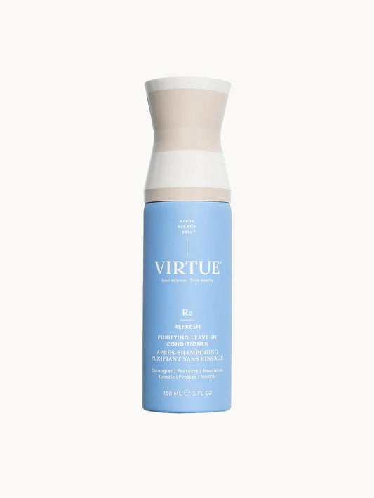 VIRTUE Purifying Leave-in Conditioner 150ml white spray bottle with black text and pump nozzle