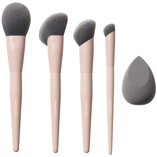 Morphe Bamboo and Charcoal Face Brush Set - set of four pink-bristled brushes with sleek bamboo handles and one gray makeup sponge