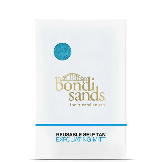 Bondi Sands Dual Action Exfoliating Mitt black exfoliating tanning mitt with Bondi Sands logo on the fabric